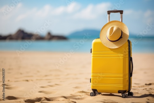 Yellow suitcase with a straw hat on a beautiful beach