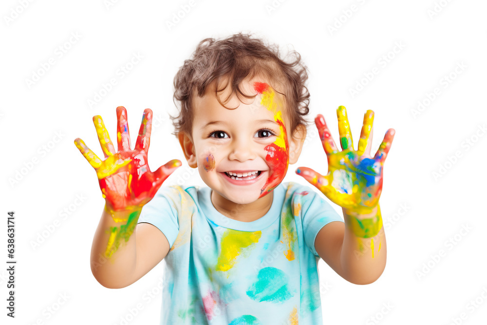 Smiling Little Boy with Colorful Painted Hands Isolated on White Background Smiling Little Boy with Colorful Painted Hands Isolated on White Background