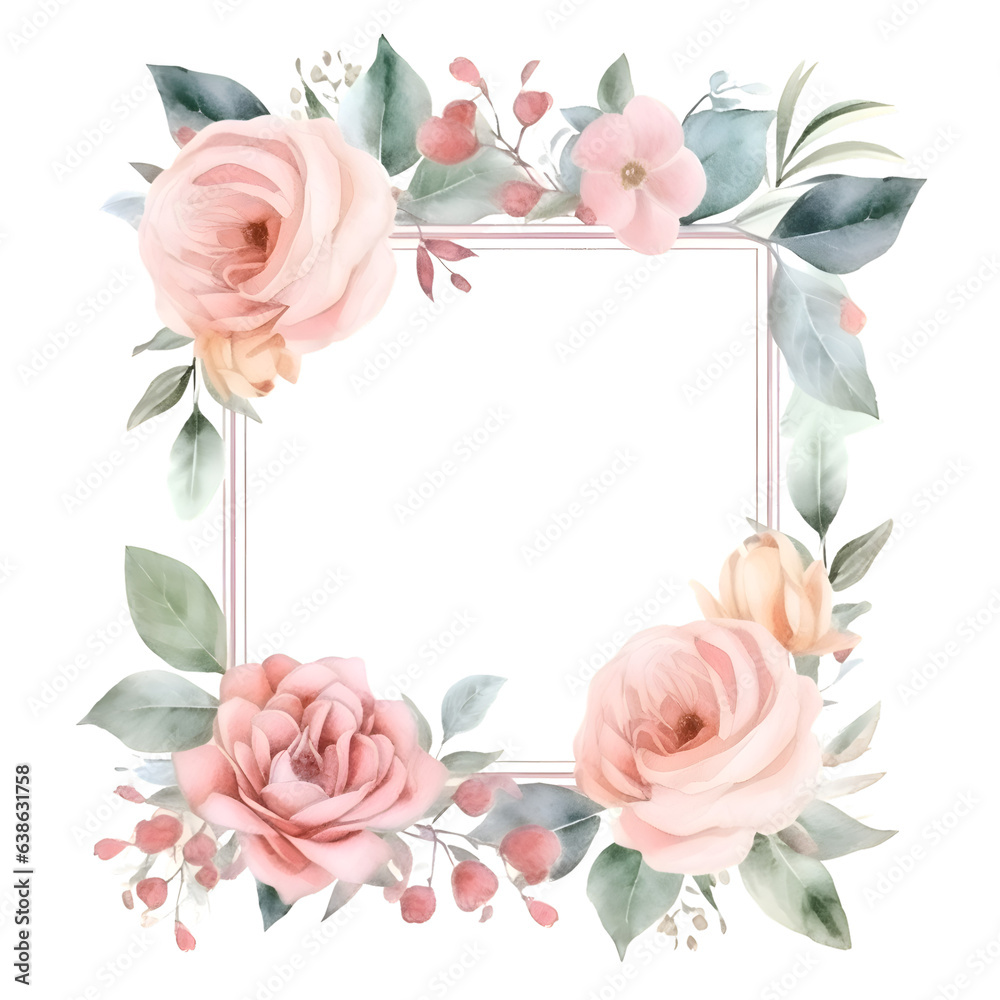 Watercolor floral frame with pink rose flowers and eucalyptus branches.