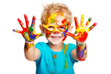 Smiling Little Boy in Glasses with Colorful Painted Hands Isolated on White Background
