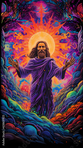 Jesus Cristo, luz negra reativa, tapeçaria psicodélica, arte alucinante © Alexandre