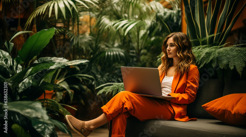 woman working on laptop in jungle made with generative AI
