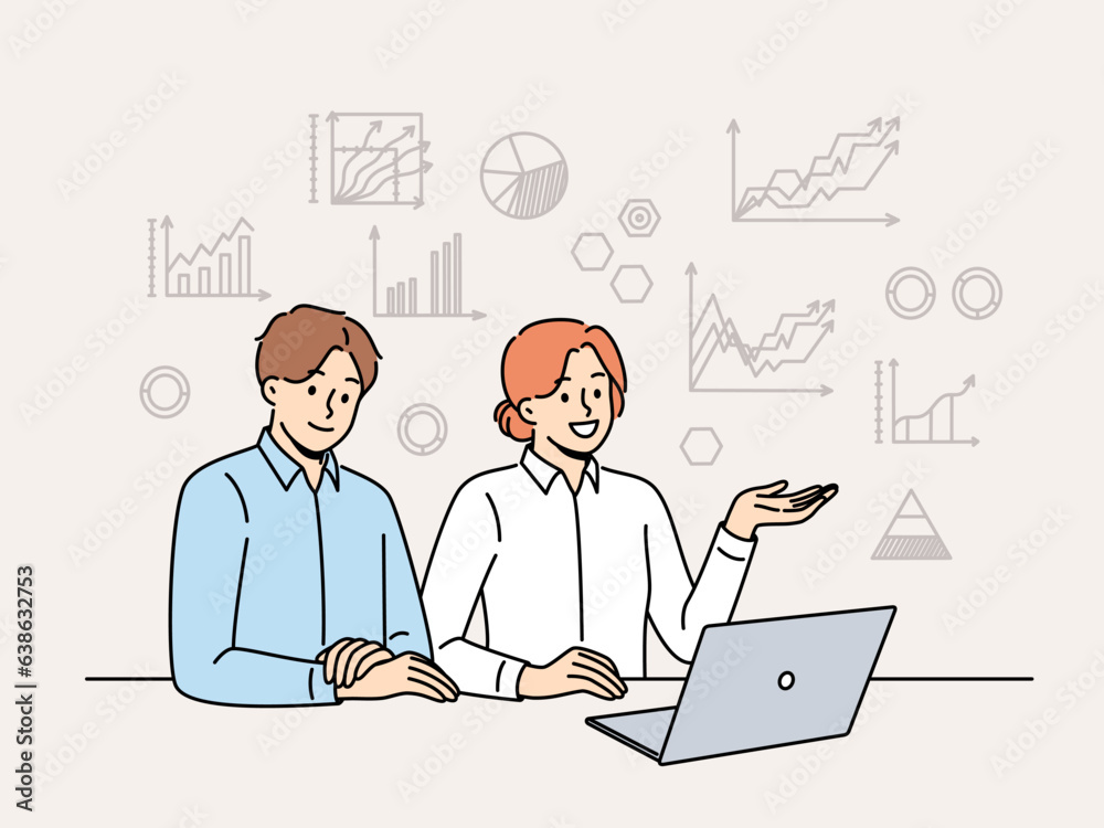 Business people are sitting at table with laptop, studying financial charts and graphs and using CRM software. Man and woman are participating in online meeting or discussing business indicators Business people are sitting at table with laptop, studying financial charts and graphs and using CRM software. Man and woman are participating in online meeting or discussing business indicators