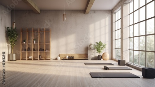 Empty yoga studio interior design architecture, minimal open space, spatial organization with mats and accessories, ready for yoga