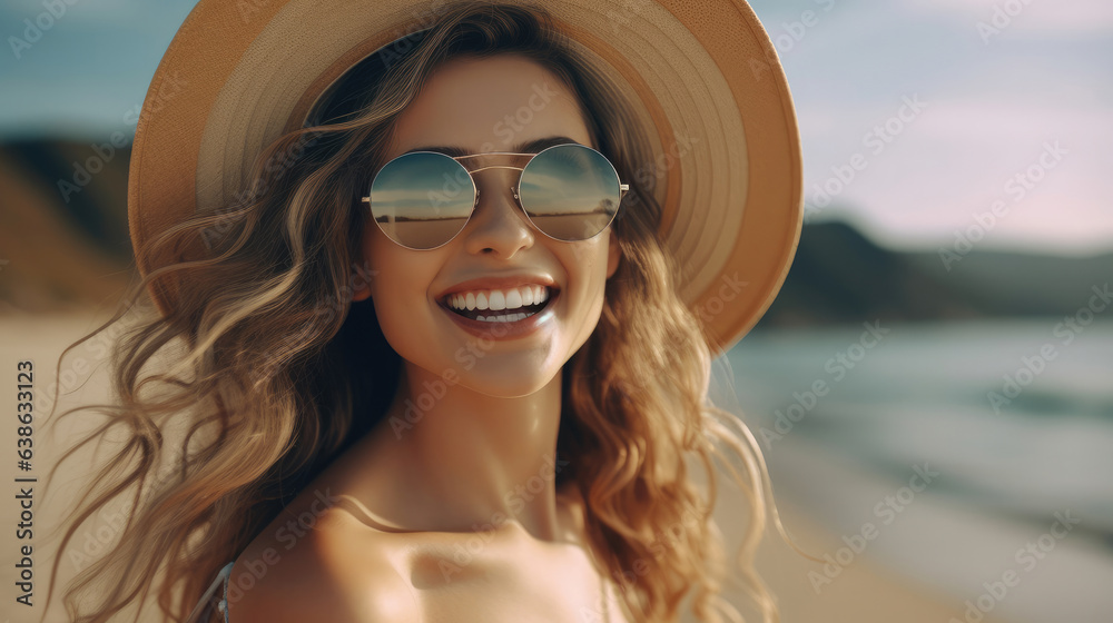 Beautiful young woman were sunglasses are smiling at the beach. Beautiful young woman were sunglasses are smiling at the beach.