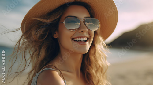 Beautiful young woman were sunglasses are smiling at the beach.