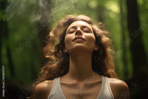 Young woman breathing fresh air in a forest with closed eyes
