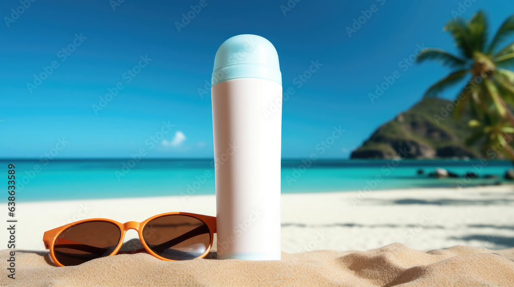 White plastic tube with sunscreen lotion on sandy beach, Sunglasses, Summer vacation and skin care concept.