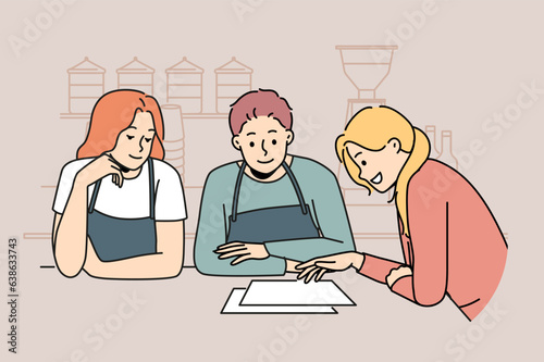 Cafe owners stand behind bar, consulting with professional female restaurateur and reading out business plan. Businesswoman holding meeting with cafe staff and discussing organizational issues.