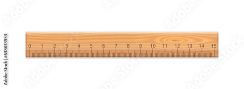 Wooden ruler with centimeter scale. School tool for measuring size, height, length. Wood bar with millimeters scale and numbers up to 15, vector realistic illustration isolated on white background