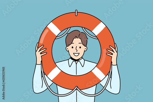 Business man holds lifeline offering help and crisis management services to companies in bankruptcy. Guy manager of big business takes care of safety and wants to save colleagues who are in trouble