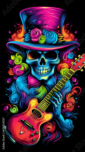 Caveira com chap  u-coco  guitarra  rock roll  tape  aria fluorescente