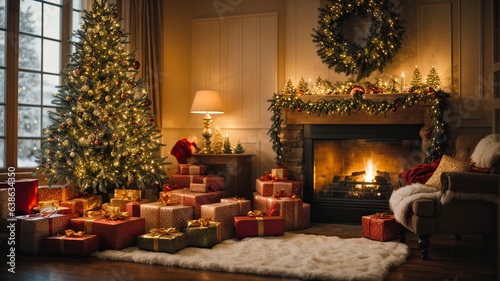fireplace with christmas decorations © Maksym