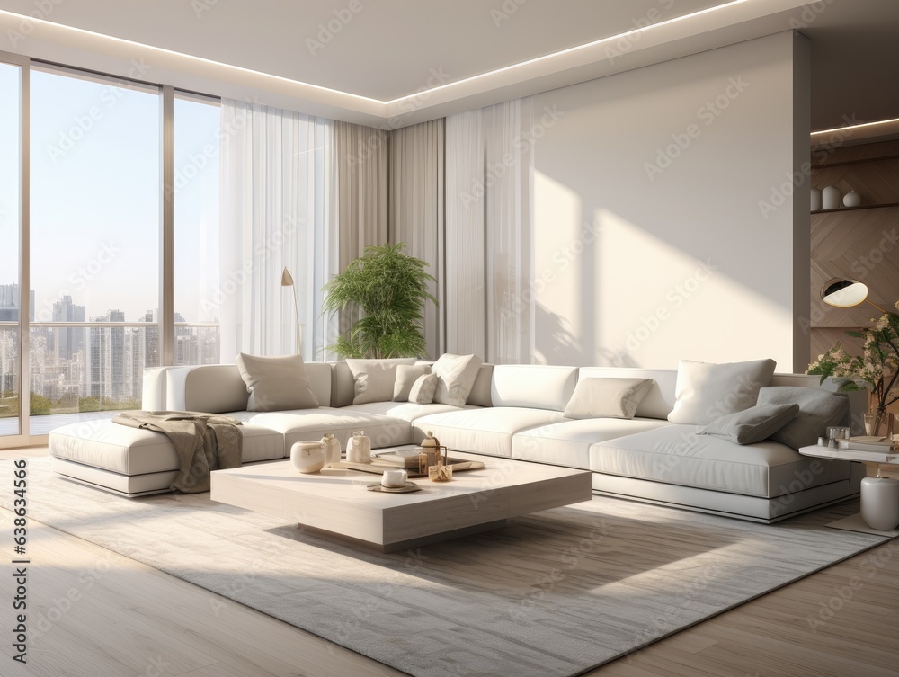 A living room with a couch and a coffee table. Generative AI. A living room with a couch and a coffee table. Generative AI.