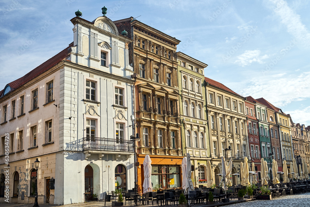 facade of a historic tenement tenement houses in the Old Market in the city of Poznan