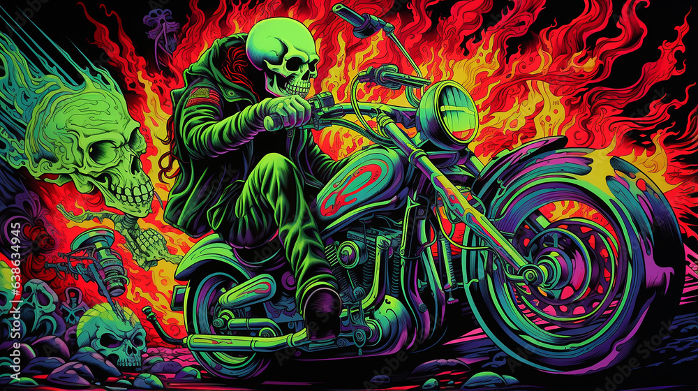 caveira andando de moto, Fluorescente caveira andando de moto, Fluorescente