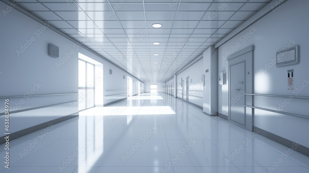 Hallway of modern hospital, illustration for product presentation template.