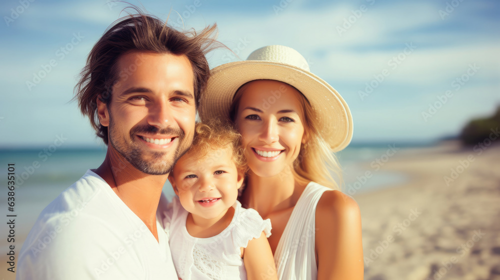 Happy family, Mother and father with daughter embrace and laugh together on the beach at the seaside.
