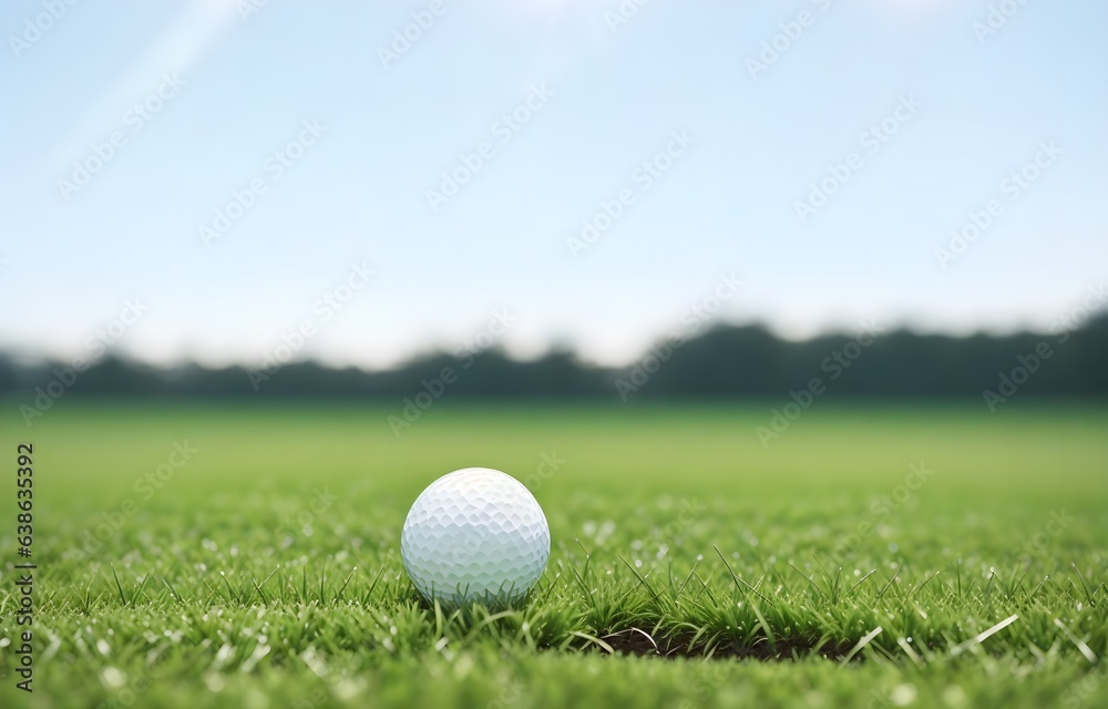 White golf ball on a green field, blurred background with copy space. Playing golf in the bright daytime. Sports. Green lawn with fresh grass outdoors. White golf ball on a green field, blurred background with copy space. Playing golf in the bright daytime. Sports. Green lawn with fresh grass outdoors.