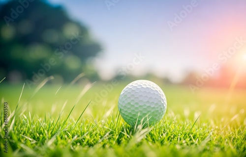 White golf ball on a green field, blurred background with copy space. Playing golf in the bright daytime. Sports. Green lawn with fresh grass outdoors.