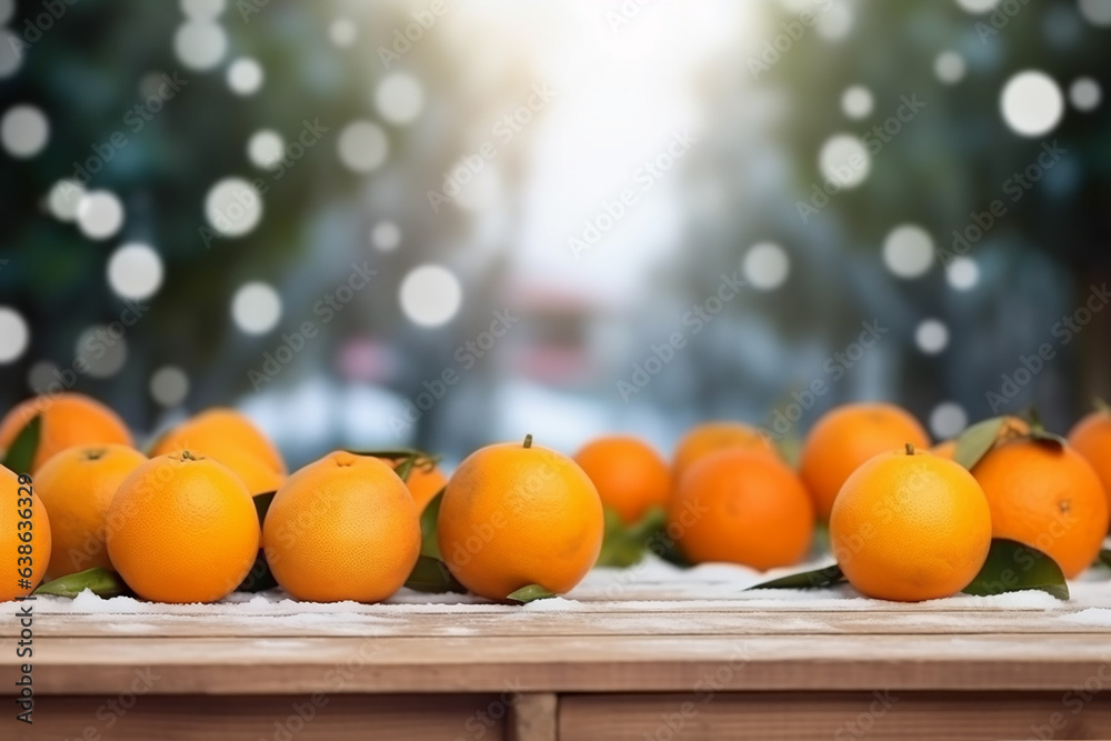 Wooden table with oranges in winter, blurred background, copyspace. Generative AI Wooden table with oranges in winter, blurred background, copyspace. Generative AI