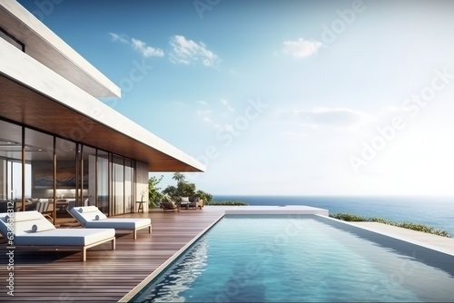 3D rendering Luxury beach house with sea view swimming pool