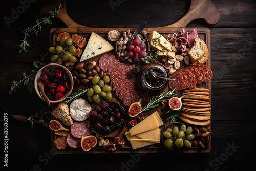 Cheese plate with cheese, delicatessen and fruits, top view, dark backround. Generative AI