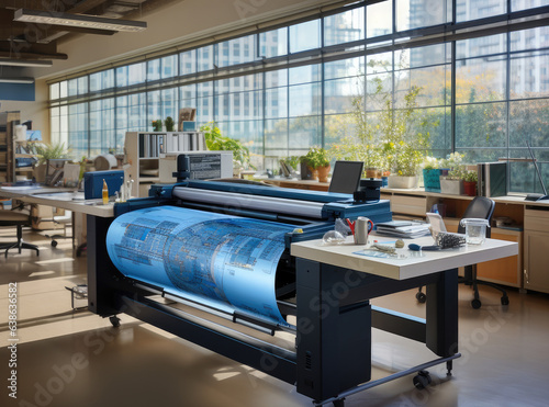 Plakat Office printing design blueprints, Professional large format plotter at an engineering.