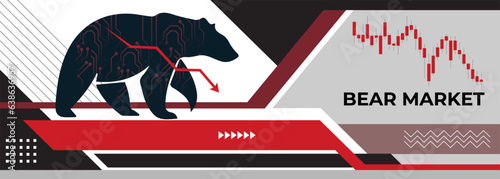 Bear market or bearish run trend in crypto currency or stocks. Trade exchange background, red down arrow graph, decrease in asset value. Cryptocurrency stock share price chart. Global economy crash.