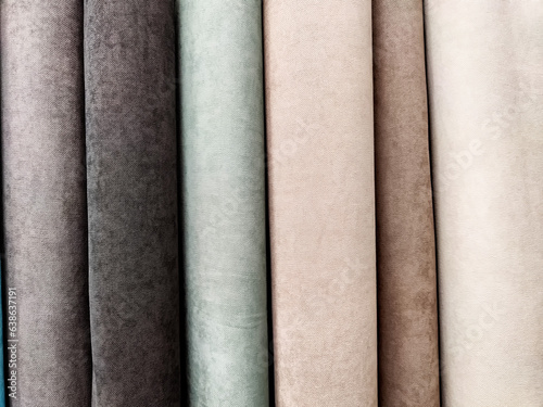 Linen fabric rolls in a row for banner or poster. Backgroudn, texture, pattern, place for text, copy space