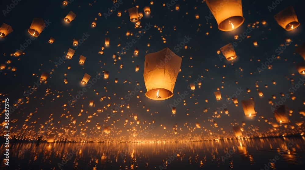 Naklejka premium Bright flying Chinese paper lanterns. AI generated.