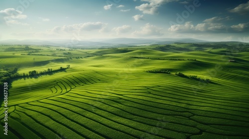 Green wavy fields. Shot on a drone. AI generated.