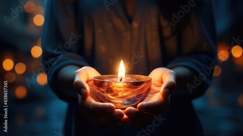Hands holding a glowing candle. AI generated. photo