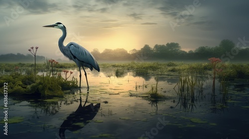 Wild heron standing on the swamp. AI generated. © Viktor