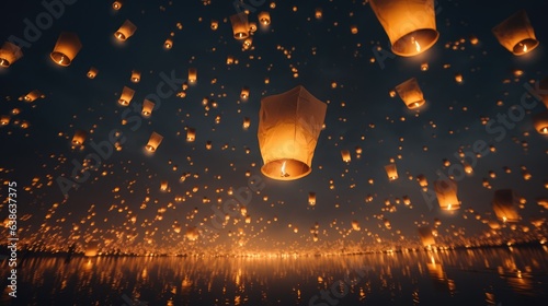 Bright flying Chinese paper lanterns. AI generated.