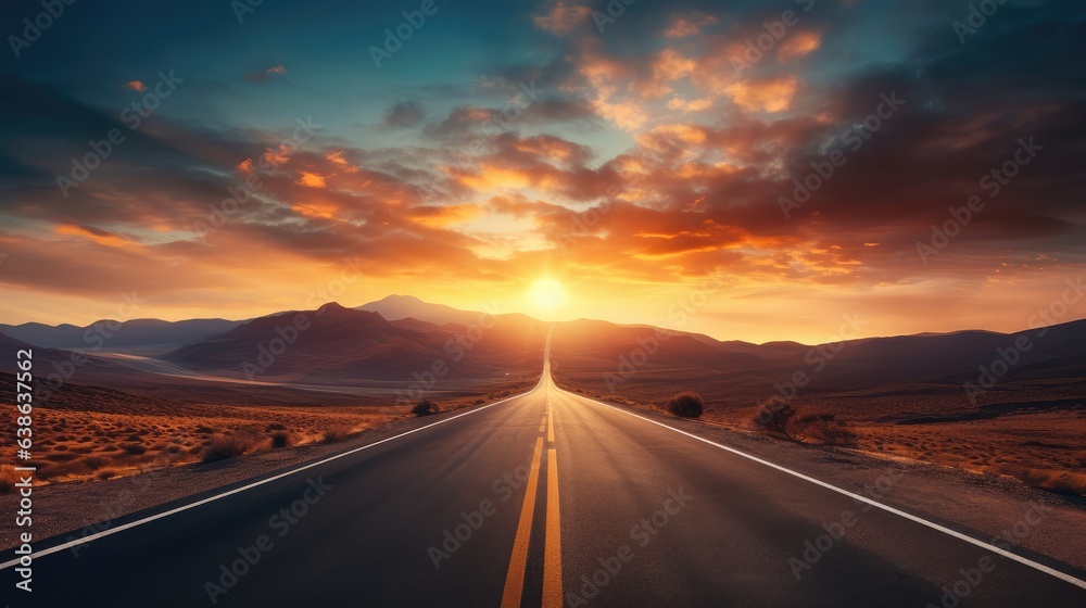 Road on beautiful sunset background. AI generated.