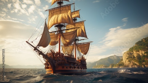 An old sailing ship is sailing in the sea. AI generated. photo