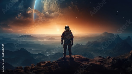 Space explorer on an alien planet. AI generated. photo