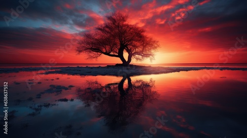 Beautiful and bright red sunset. Tree silhouette. AI generated. © Viktor