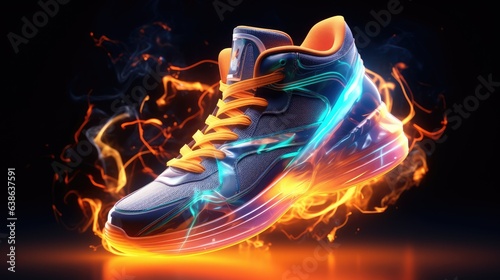 Styled glowing futuristic sneakers concept. AI generated.