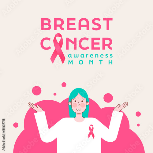 Breast cancer awareness month banner , happy woman with pink ribbon, vector illustration