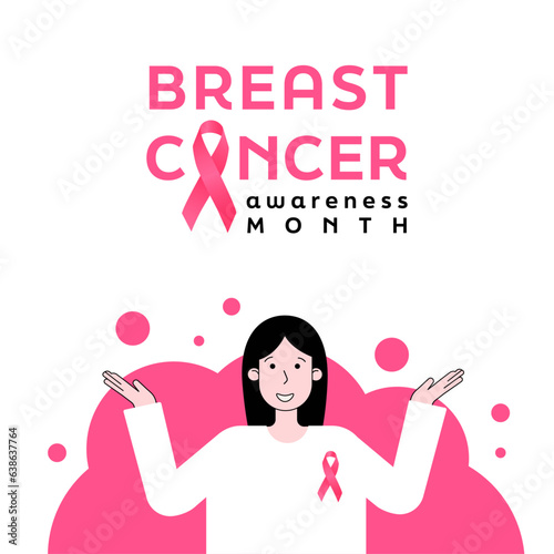 Breast cancer awareness month banner , happy woman with pink ribbon, vector illustration