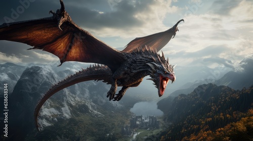 Big angry dragon on mountains background. AI generated.
