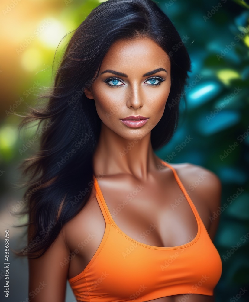 woman in a orange sports bra top and shorts posing for a picture 