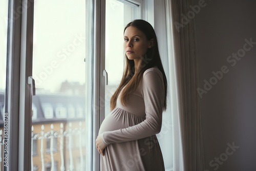 pregnant woman posing in front of window, in the style of cinematic lighting