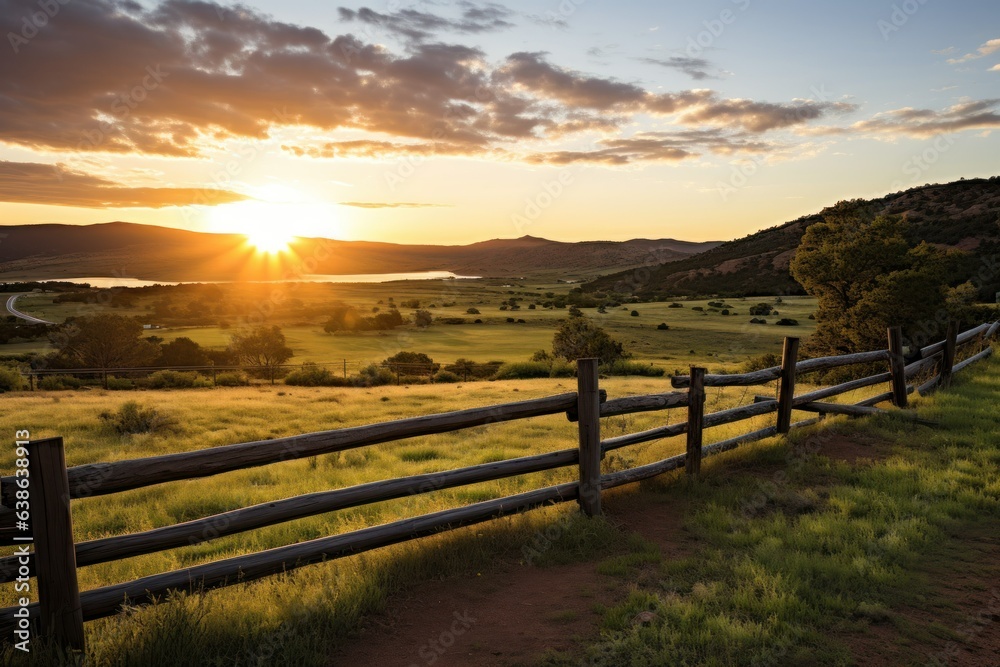 A New Day's Promise: Gazing upon the Idyllic Beauty of a Fenced Ranch in a Picturesque Sunrise Landscape