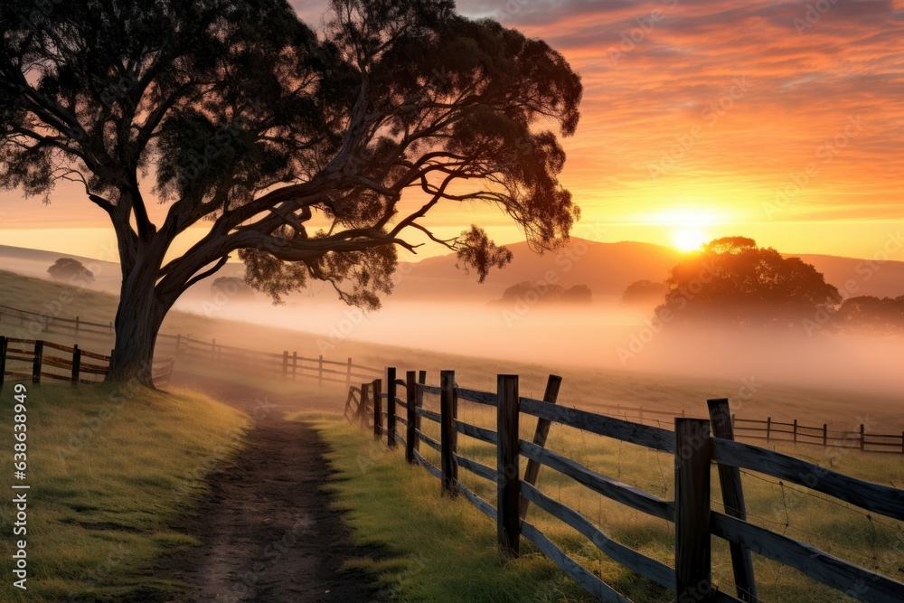 Sunrise's Gentle Embrace: Exploring the Beauty of a Fenced Ranch in a Breathtaking Picturesque Landscape
