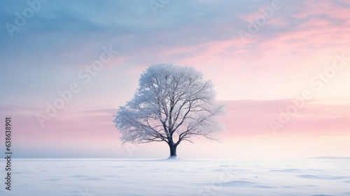 silhouette of a frozen tree covered with snow against the background of a muted morning sky in winter.snowy landscape.  © Margo_Alexa