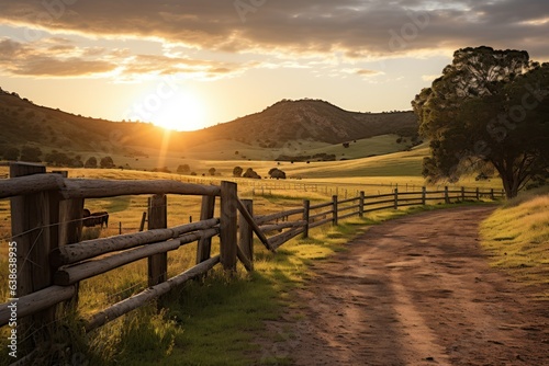 Golden Horizon s Greeting  The Enchanting Allure of a Sunrise-kissed Fenced Ranch in a Picturesque Landscape 
