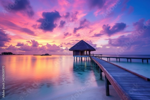 Serenity in Sunset Hues: Breathtaking Island Seascape adorned with Luxury Resort Villas 